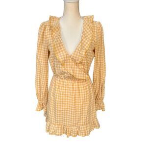 Tularosa Charleston Ruffle Hem Gingham Dress in York Yellow Size Small